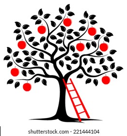 vector apple tree and ladder isolated on white background
