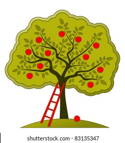 vector apple tree and ladder on white background