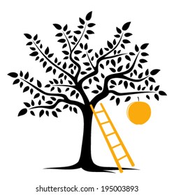 vector apple tree with one big apple and ladder isolated on white background