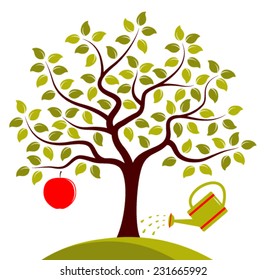 vector apple tree with one big apple and watering can isolated on white background