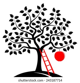 vector apple tree with one big apple isolated on white background