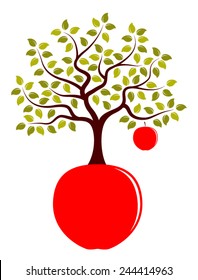 vector apple tree with one big apple growing from apple isolated on white background