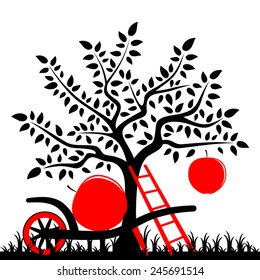 vector apple tree with one big apple, ladder and hand barrow with one apple