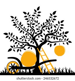 vector apple tree with one big apple, ladder and hand barrow with one apple