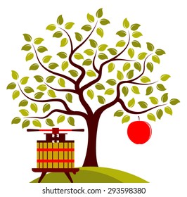 vector apple tree with one big apple and fruit press