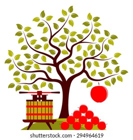 vector apple tree with one big apple and fruit press with pile of apples