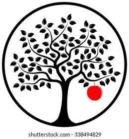 vector apple tree with one big apple in round isolated on white background