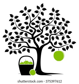 vector apple tree with one big apple and basket of apples isolated on white background