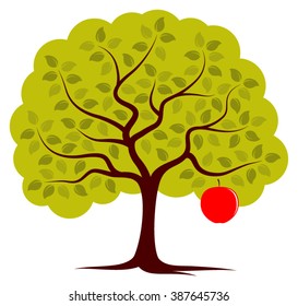 vector apple tree with one big apple isolated on white background
