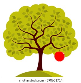 vector apple tree with one big apple isolated on white background