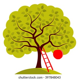 vector apple tree with one big apple isolated on white background