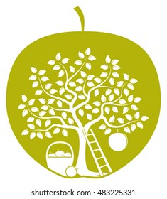 vector apple tree with one big apple, ladder and basket of apples in apple isolated on white background