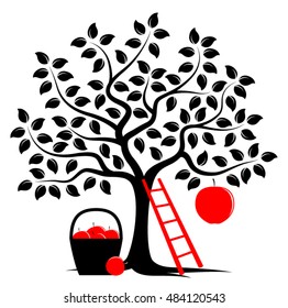 vector apple tree with one big apple, ladder and basket of apples isolated on white background