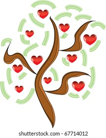 Vector apple tree with red fruits in the form of heart illustration Valentines