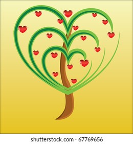 Vector apple tree with red fruits in the form of heart illustration Valentines