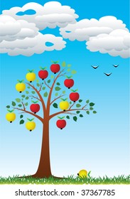 vector apple tree with red and yellow fruits in a park