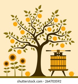 vector apple tree, sunflowers and fruit press
