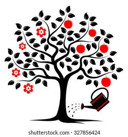 vector apple tree in two seasons and watering can isolated on white background