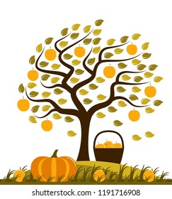 vector apple tree in the wind, basket of apples and pumpkin isolated on white background
