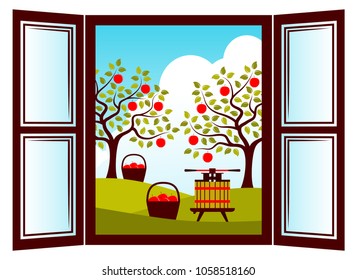 vector apple trees, fruit press and baskets of apples outside the window