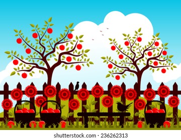 vector apple trees and picket fence with flowers and baskets of apples