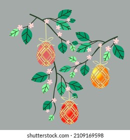 Vector - apple twig with easter eggs, watercolor illustration  template.
