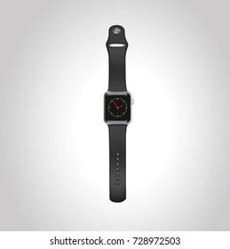 Vector Apple watch wport 42mm black aluminum case with black sport band with homescreen on the display. Front view.Eps10. svg
