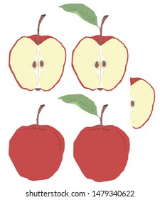 Vector apple whole and cut with leaf flat isolated illustrations