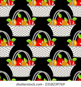 Vector - Apples in a basket, fruits illustration seamless pattern.