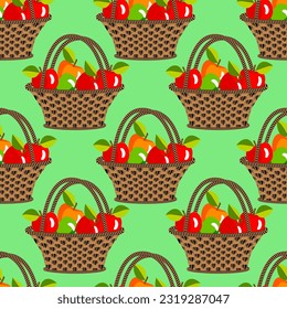 Vector - Apples in a basket, fruits illustration seamless pattern.