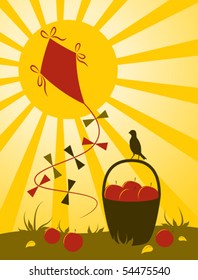 vector apples in basket, kite and sun
