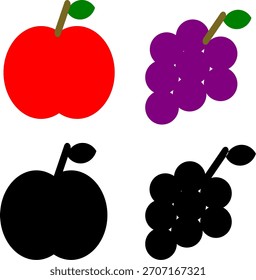 Ilustración de manzanas y uvas de Vector con versiones de color y silueta negra, perfecto para proyectos de comida, logotipo y diseño.