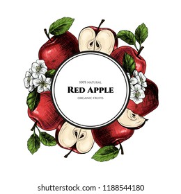 Vector apples hand drawn sketch with flowers .  Sketch vector  food illustration. Vintage style