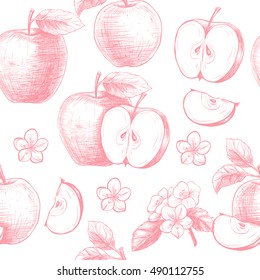 Vector apples hand drawn sketch with flowers . Sketch vector food illustration. Vintage style