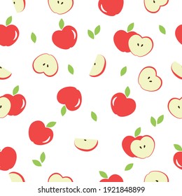 Vector apples seamless pattern. Whole apples and slices with leaves on white background. Abstract repeated backgrounds for paper cover fabric gift wrap wall art interior decorations or for any else.