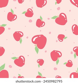 Vector apples seamless pattern. Whole apples with leaves on pink background. Repeatable fruit background for paper cover fabric textile gift wrapper wall art interior decorations or for any other use.