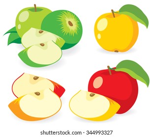 Vector apples. Various cut and whole apples of different colors, collection of vector illustrations