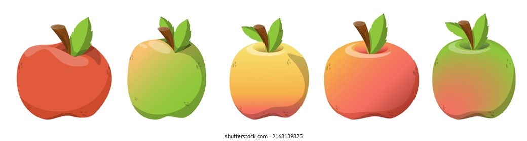 vector apples of various shapes, summer fruit with a ruddy side, a fruit of green, yellow and red color, an apple with a twig and a leaf