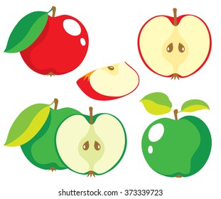 Vector apples. Whole and cut red and green apples, collection of vector illustrations