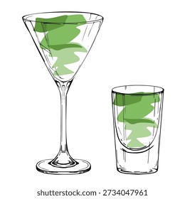 Vector Appletini shot, absinthe, Grasshopper cocktail in martini glass with hand drawn ink outline. Bright lime hues, crisp clean contour for eco-friendly design or refreshing summer recipe visuals.