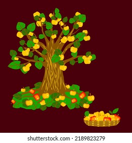 Vector - Appletree illustration with fallen apples, watercolor pattern.