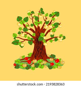 Vector - Appletree illustration with fallen apples, watercolor pattern.