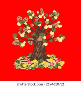Vector - Appletree illustration with fallen apples, watercolor pattern.