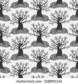 Vector - appletrees seamless pattern, meadow with fallen apples.