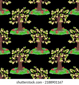 Vector - appletrees seamless pattern, meadow with fallen apples.