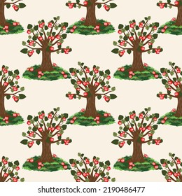 Vector - appletrees seamless pattern, meadow with fallen apples.