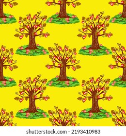 Vector - appletrees seamless pattern, meadow with fallen apples.