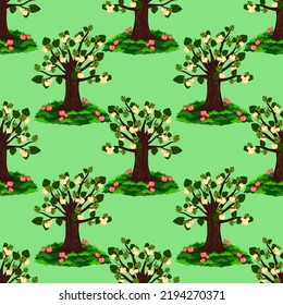 Vector - appletrees seamless pattern, meadow with fallen apples.