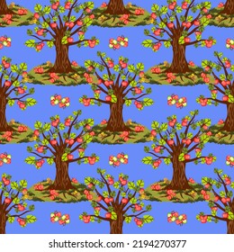 Vector - appletrees seamless pattern, meadow with fallen apples.