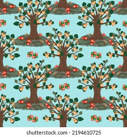 Vector - appletrees seamless pattern, meadow with fallen apples.